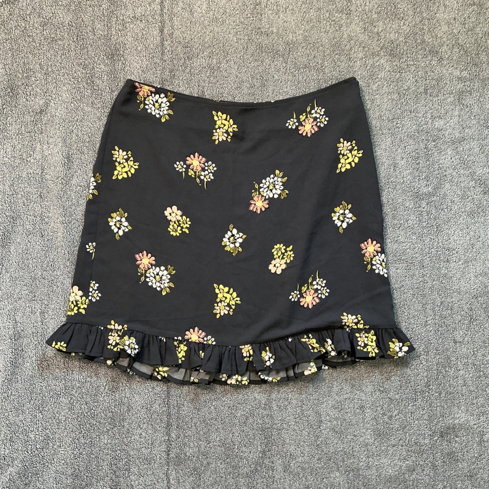 LOFT Outlet Floral Ruffle Hem Mini Skirt Black Yellow Pink 12 70307